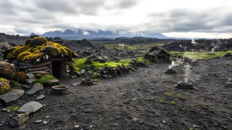 Paisaje volcánico antiguo con ruinas y vapor