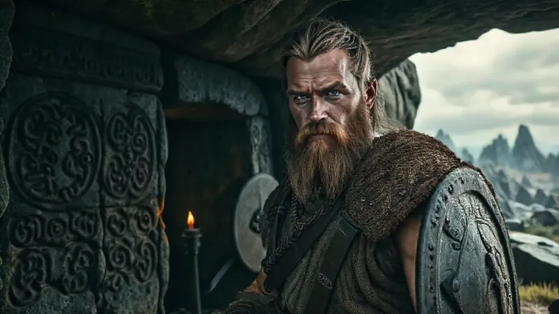 Tumba vikinga antigua con grabados y armadura
