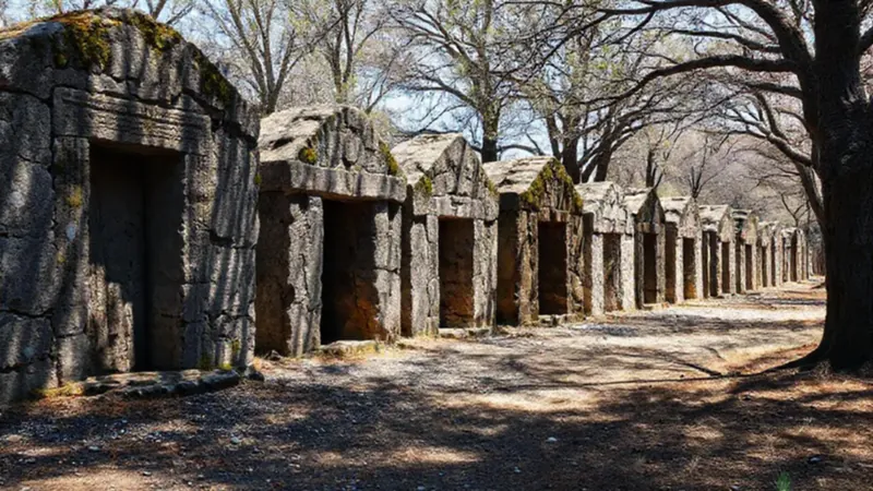 Antiguas tumbas de piedra con detalles weathered