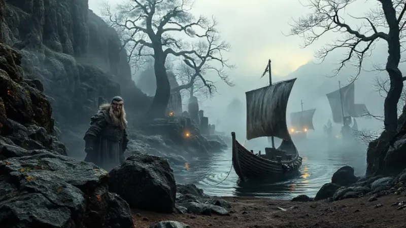 Paisaje vikingo misterioso con neblina y fantasmas