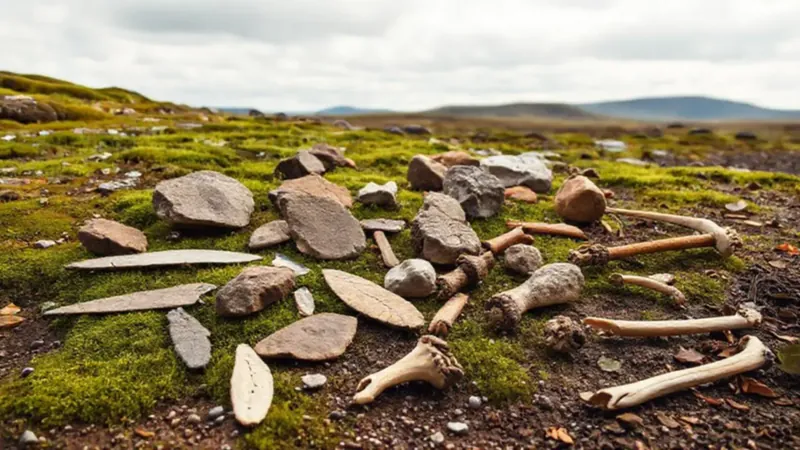 Herramientas primitivas en tierra cubierta de musgo