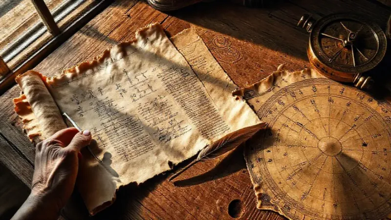 Antiguos manuscritos y astrolabio en escena