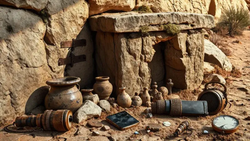 Tumba antigua con relicarios y objetos deteriorados