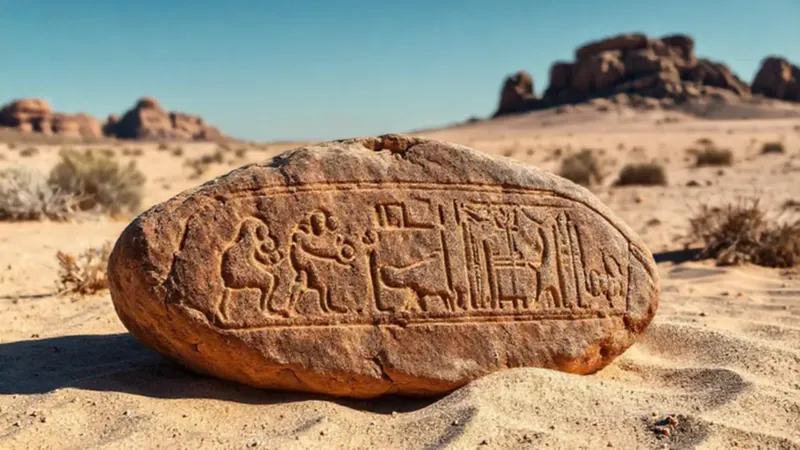 Roca antigua con grabados en desierto