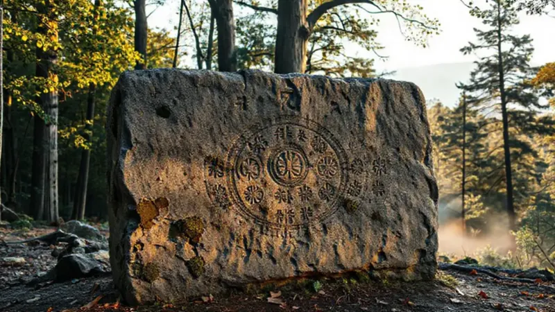 Calendario antiguo en bosque misterioso y detallado