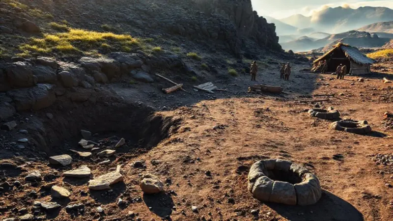 Sitio arqueológico, herramientas y escenas primitivas