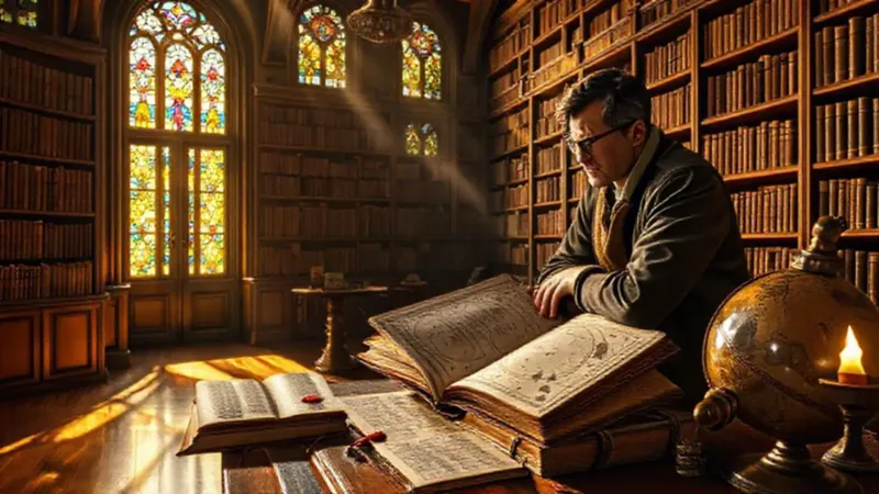 Biblioteca antigua con científicos y mapas históricos